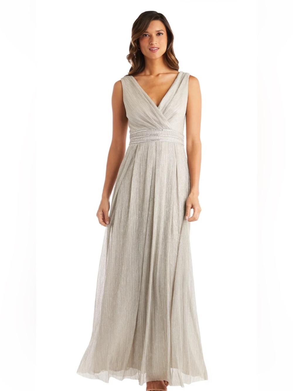 NWT R&M Richards Silver Metallic Maxi Skirted Gown